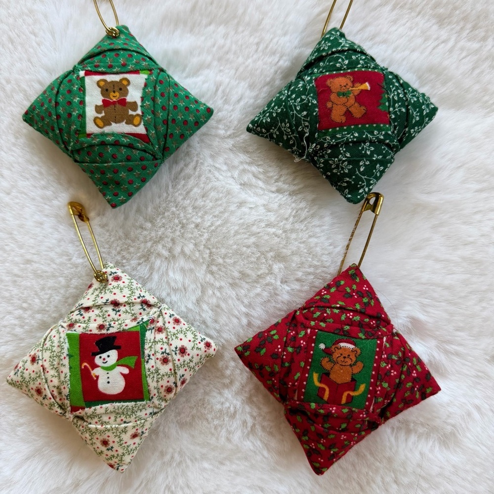 Vintage Christmas Fabric Ornaments Lot of 4 Mini Quilted Pillow Ornaments 2.75”